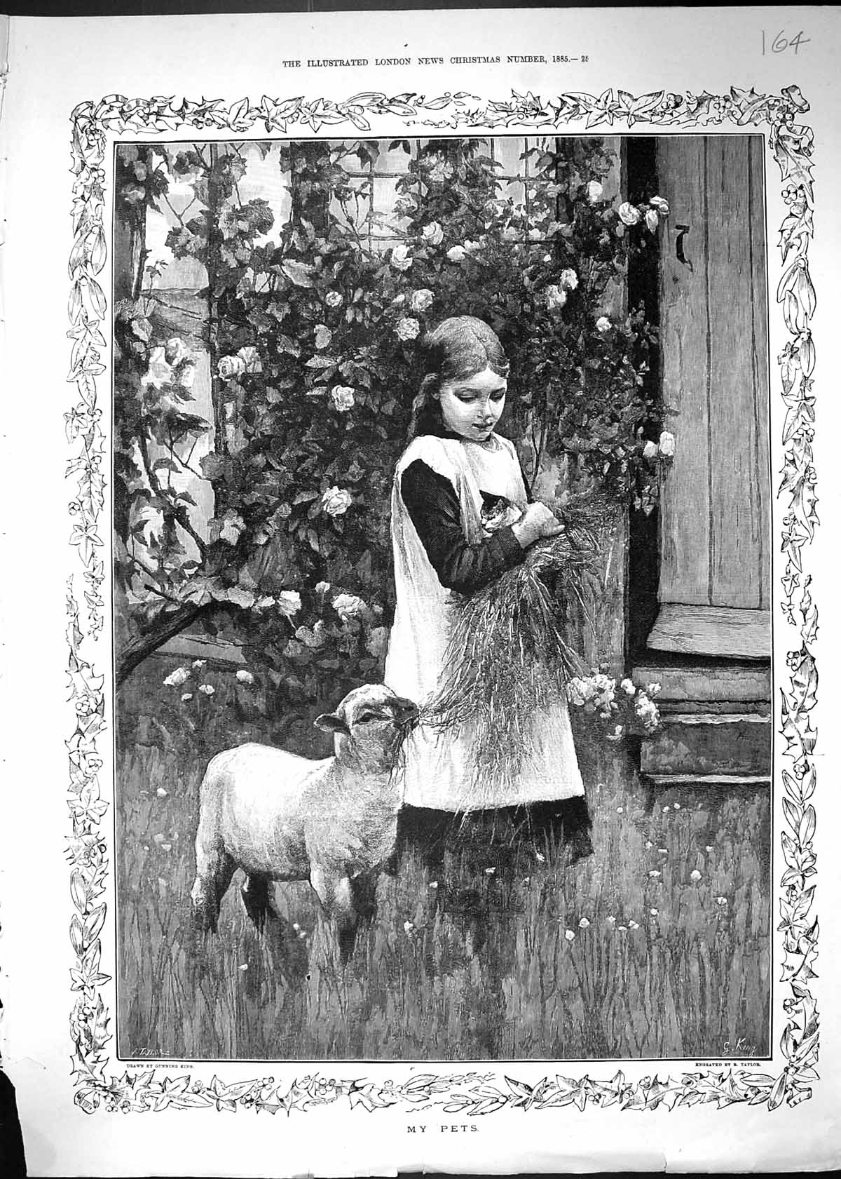 Original Old Antique Print 1885 Young Girl Pet Lamb Garden Scene Animals 19th