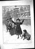 Old Antique Print 1897 Winter Butterflies Children Playing Snow Forestier 19th