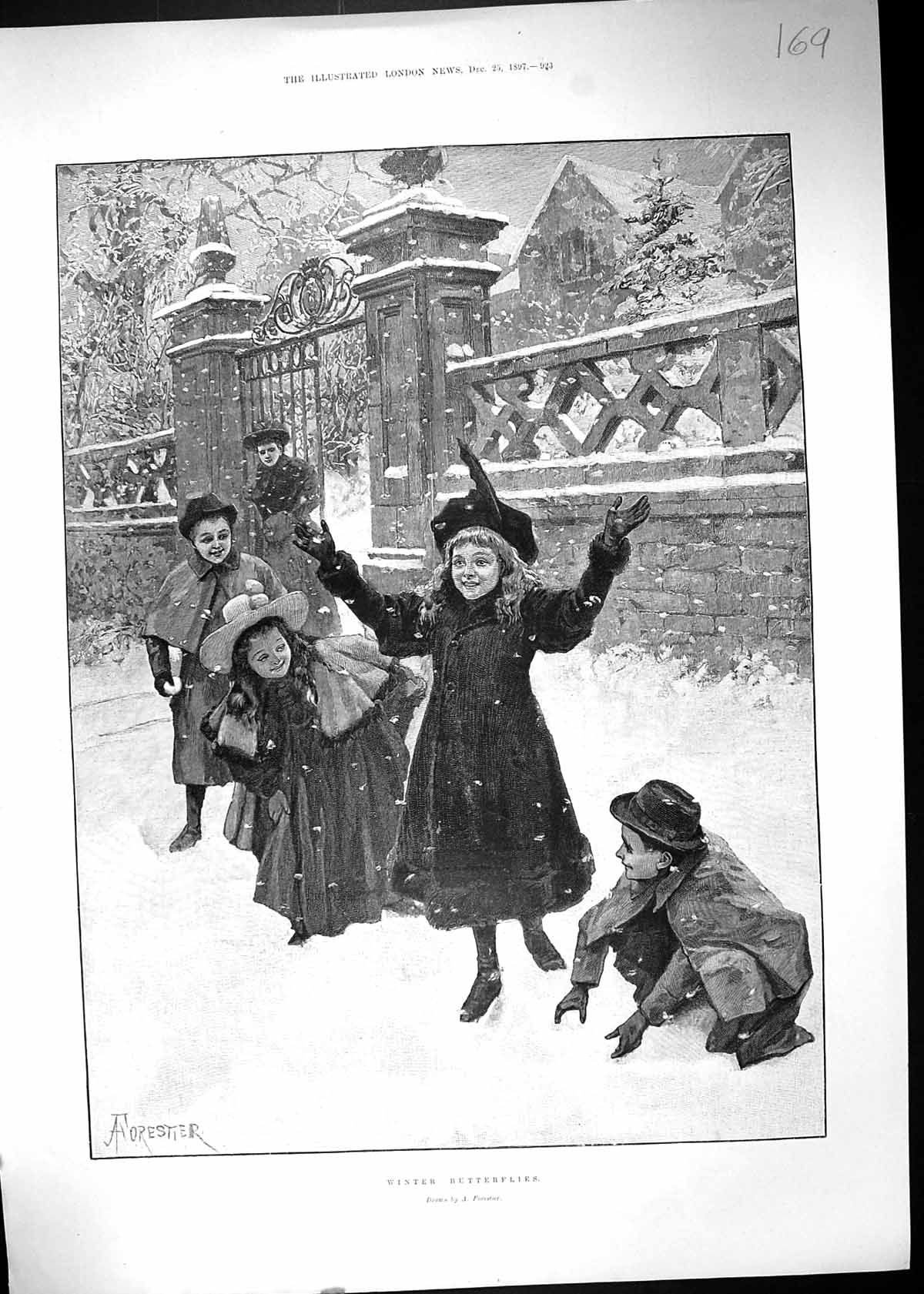 Old Antique Print 1897 Winter Butterflies Children Playing Snow Forestier 19th