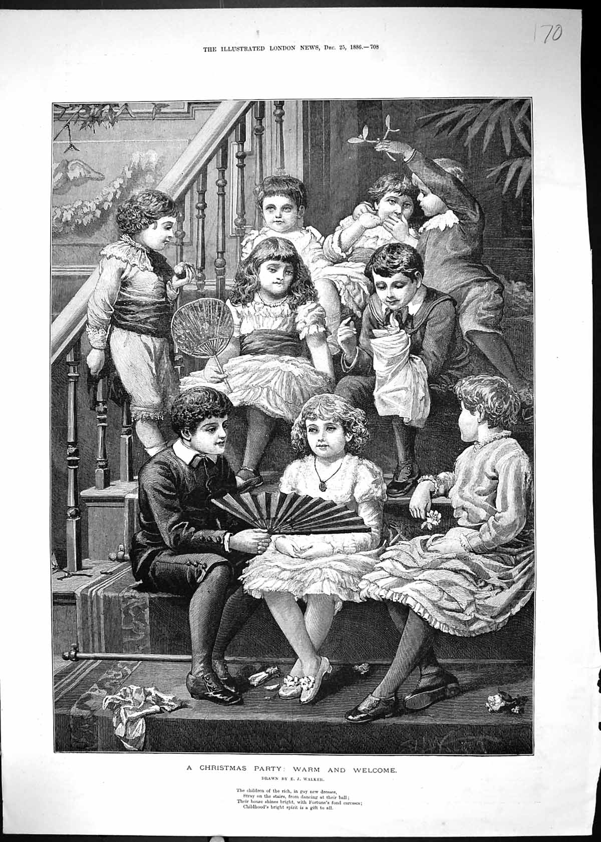 Old 1886 Christmas Party Children Sitting Stairs Warm Welcome Walker Victorian
