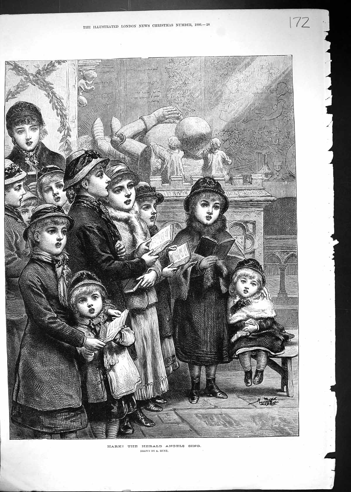Old Print Hark The Herald Angels Sing Children Singing Church Scene 1880 19th