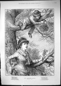 Old Print Mistletoe Gathering Bough Tree Children Climing Christmas 1886 19th