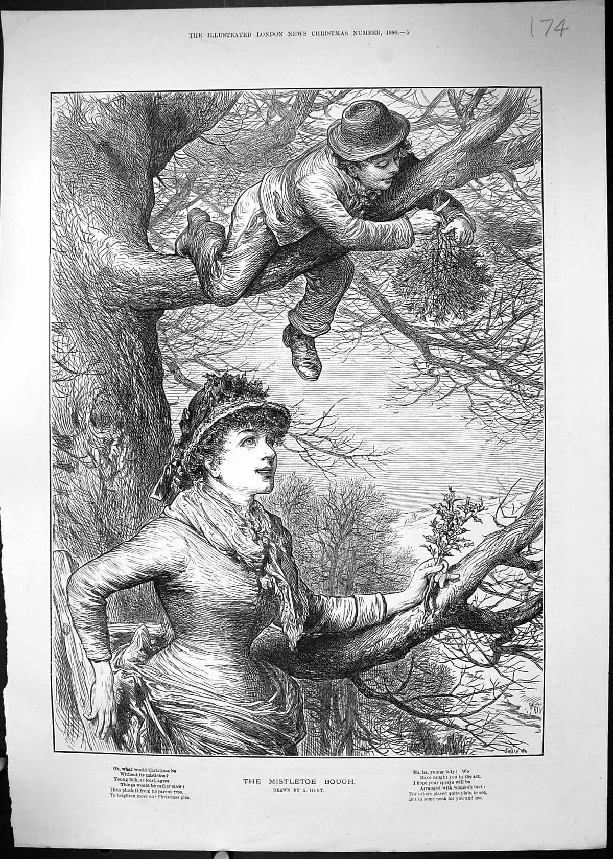 Old Print Mistletoe Gathering Bough Tree Children Climing Christmas 1886 19th