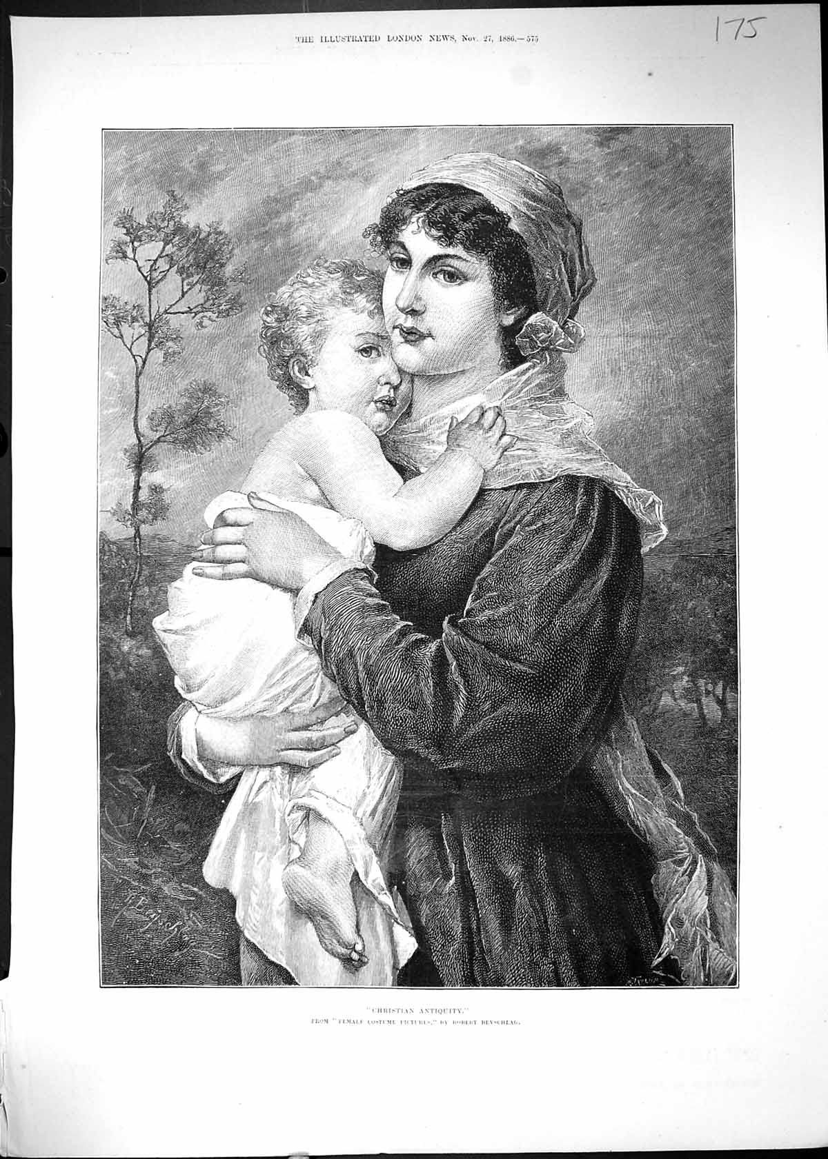 Original Old Antique Print 1886 Christian Antiquity Mother Young Baby Girl 19th