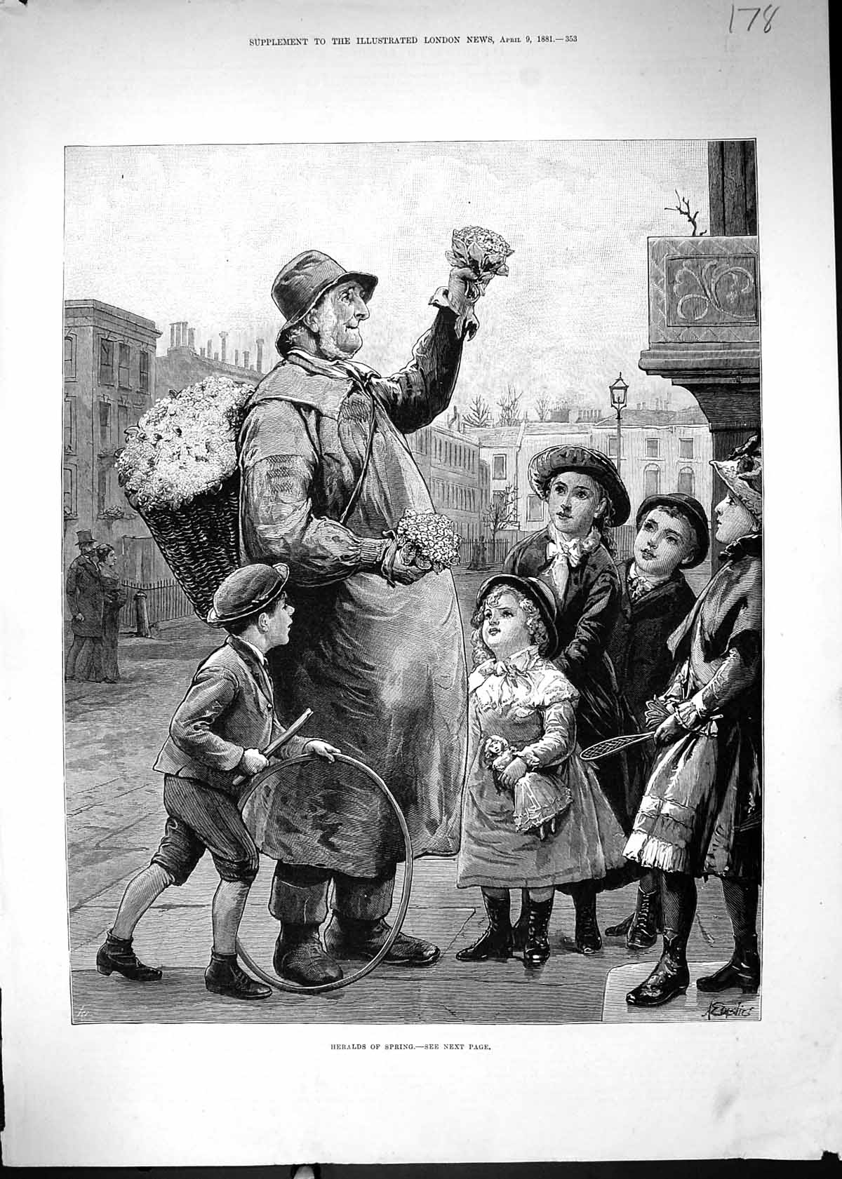 Antique Print 1881 Heralds Spring Man Flower Seller Children Playing Games 19th