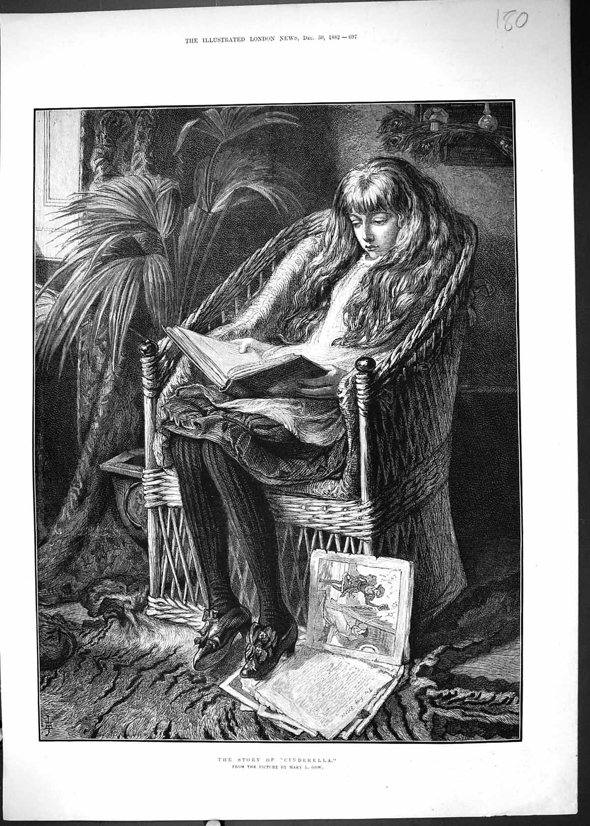 Old Antique Print 1882 Story Cinderella Young Girl Reading Book Mary Gow 19th