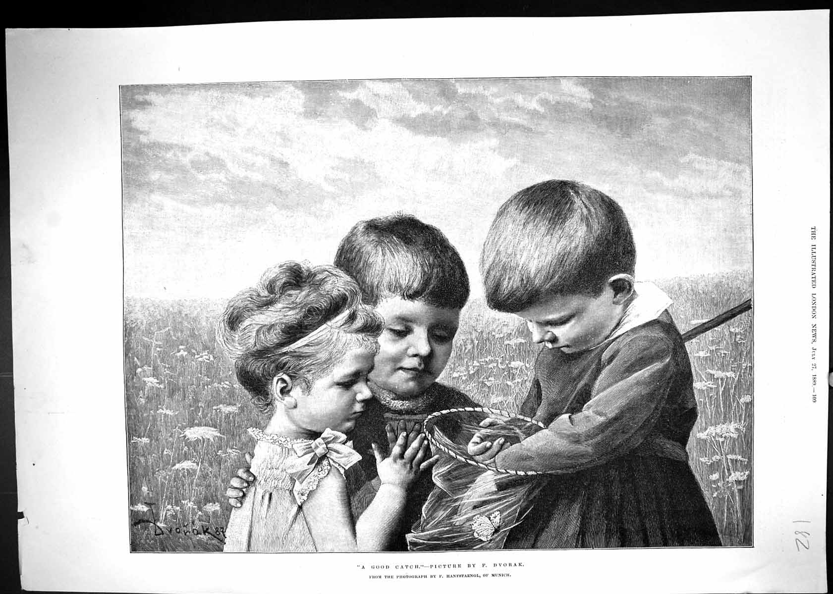 Original Old Antique Print 1889 Good Catch Children Butterfly Net Dvorak Munich