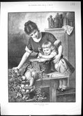 Old Print 1889 Stirring Christmas Pudding Mother Young Girl Kitchen Scene 19th