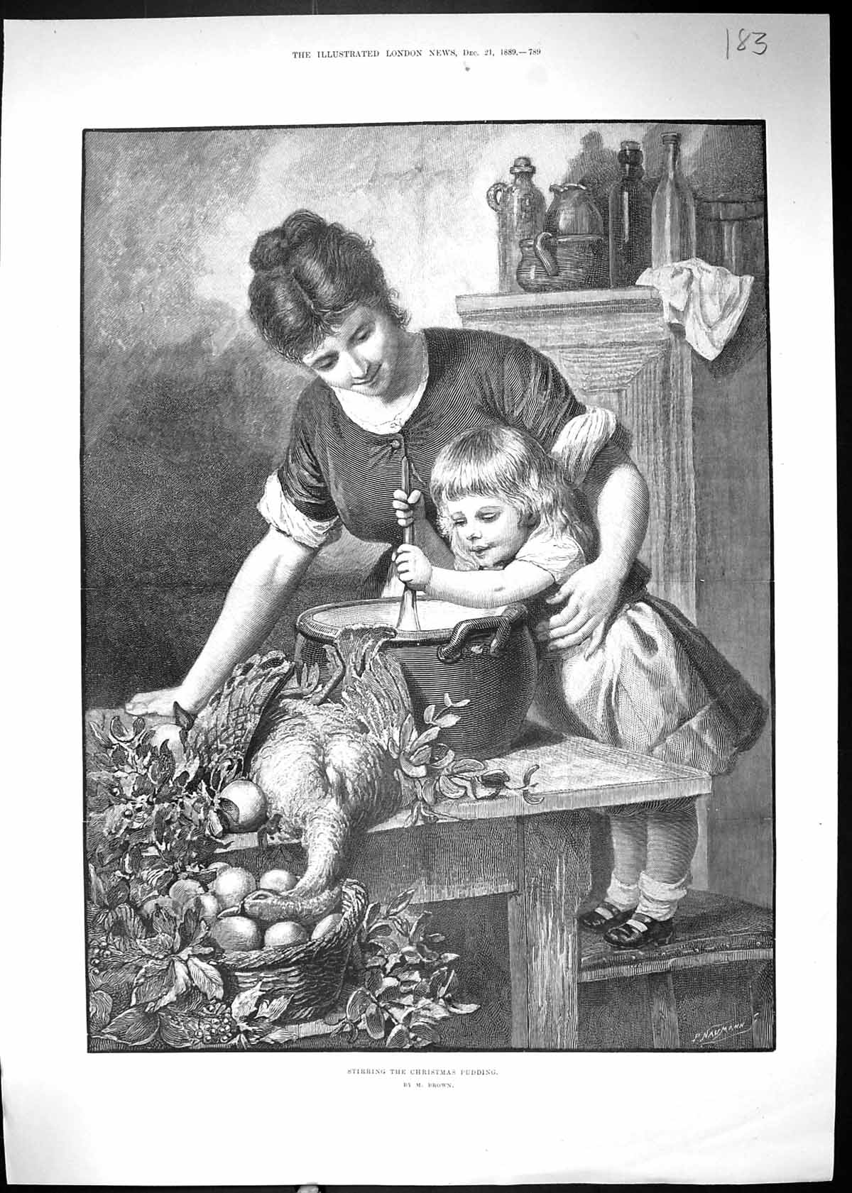 Old Print 1889 Stirring Christmas Pudding Mother Young Girl Kitchen Scene 19th