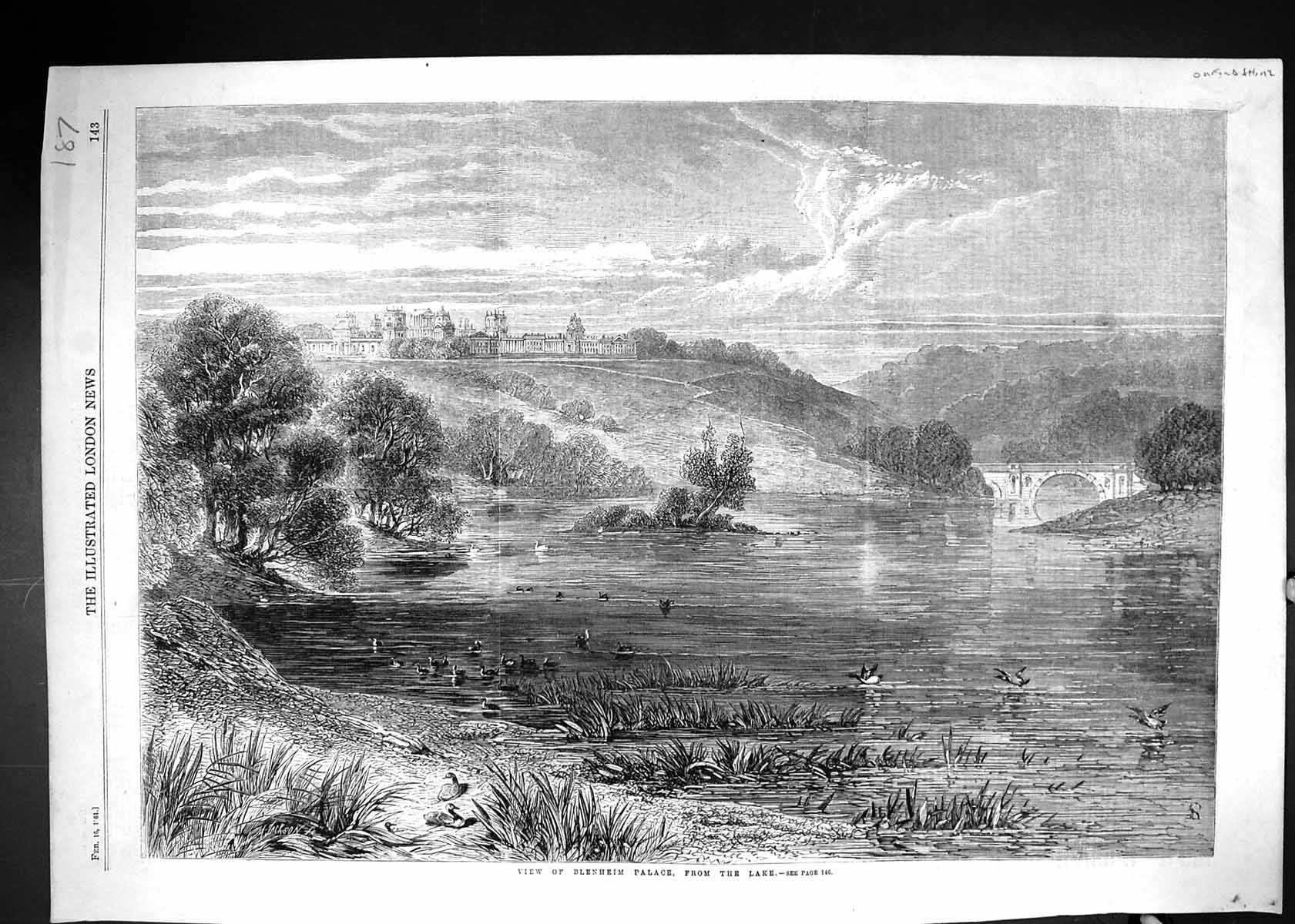Original Old Antique Print 1861 View Blenheim Palace Architecture Lake Bridge