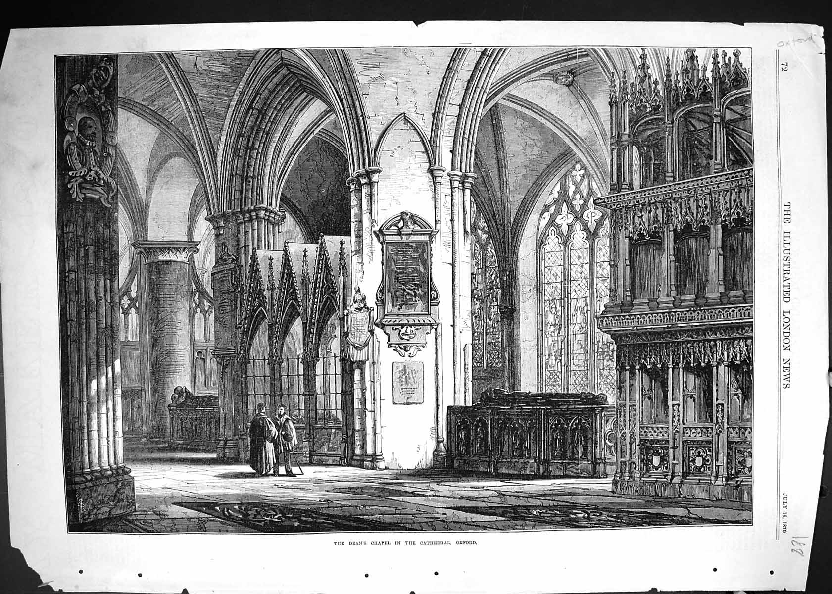 Original Old Antique Print Interior Dean'S Chapel Cathedral Oxford England 1870