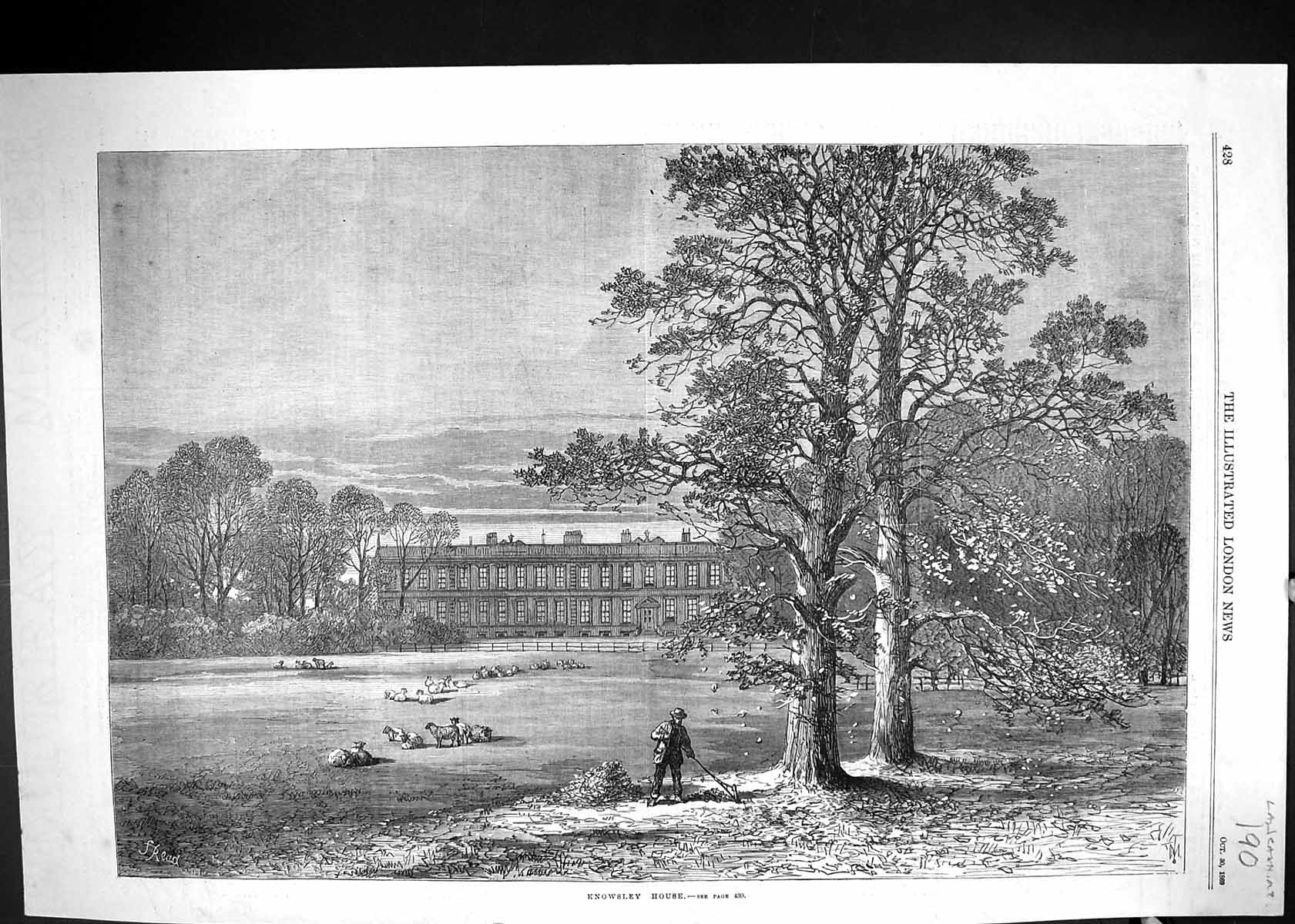 Old Antique Print 1869 Exterior Garden Knowsley House Sheep Architecture 19th
