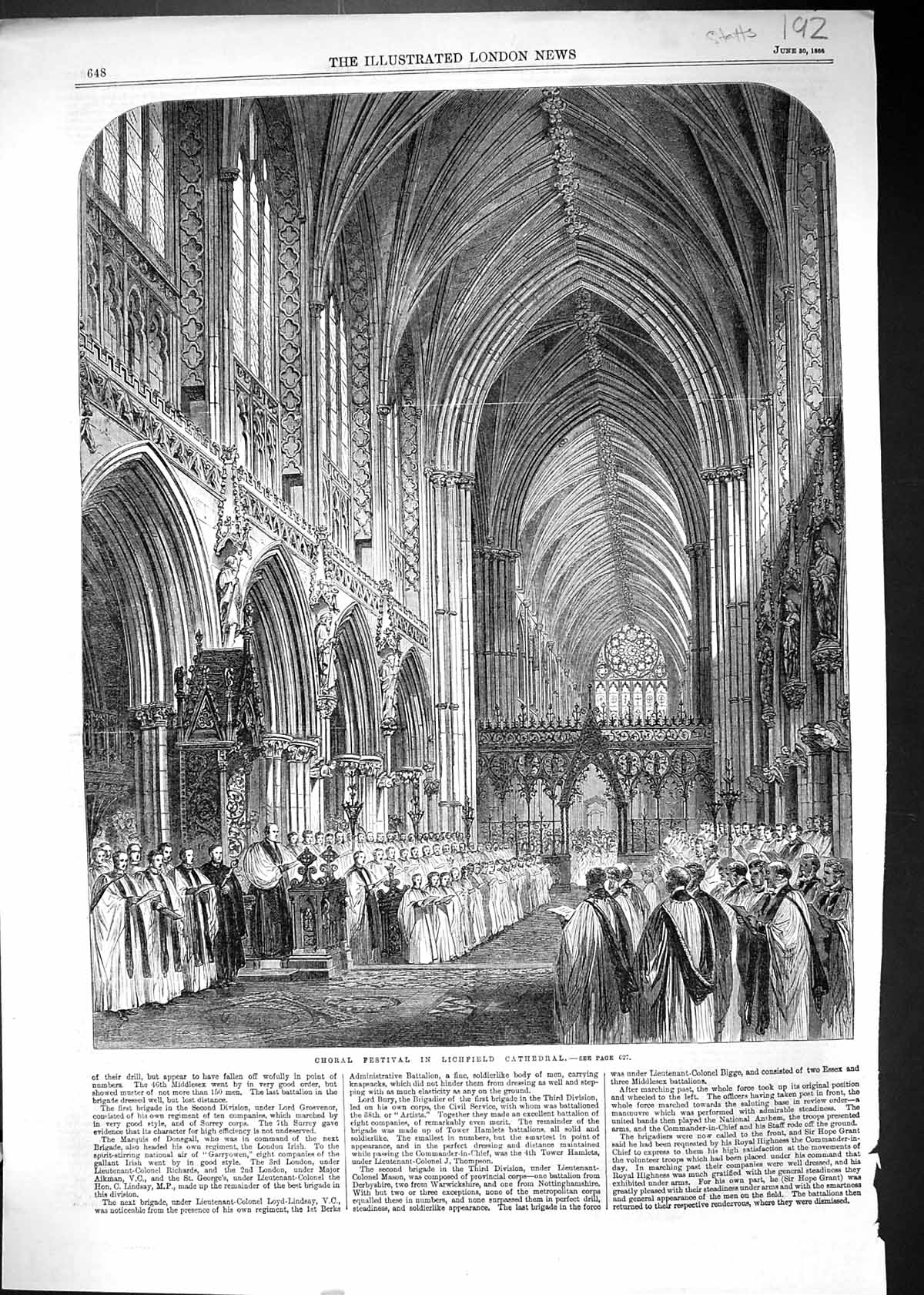 Original Old Antique Print 1865 Choral Festival Lichfield Cathedral England
