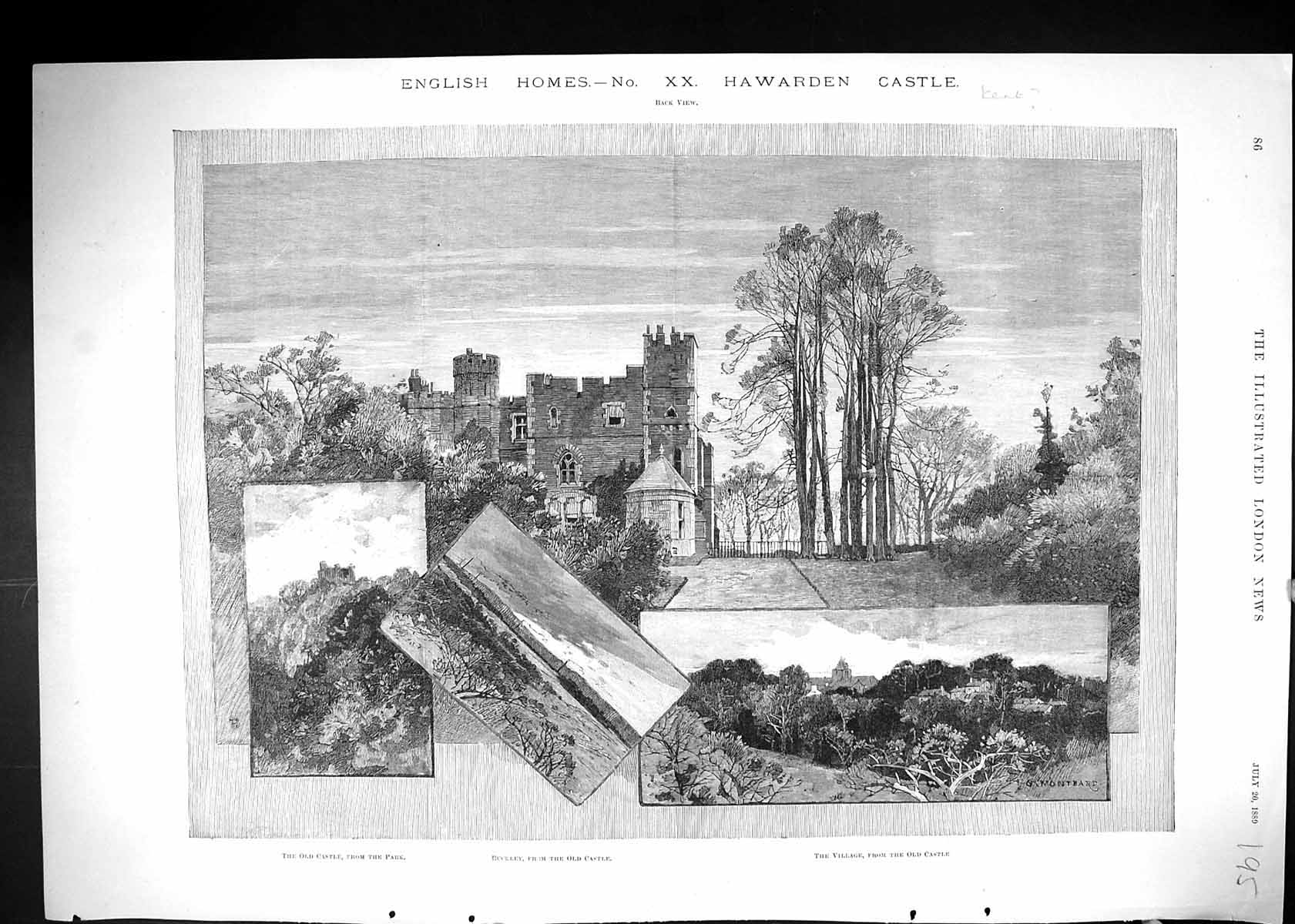 Antique Old Print 1889 England Hawarden Castle Village Buckley Architecture
