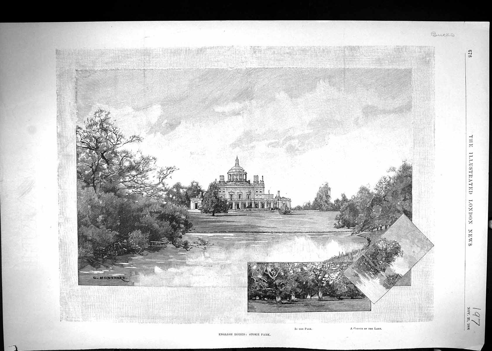 Antique Old Print 1896 England Stoke Park Architecture Garden Lake Montbard