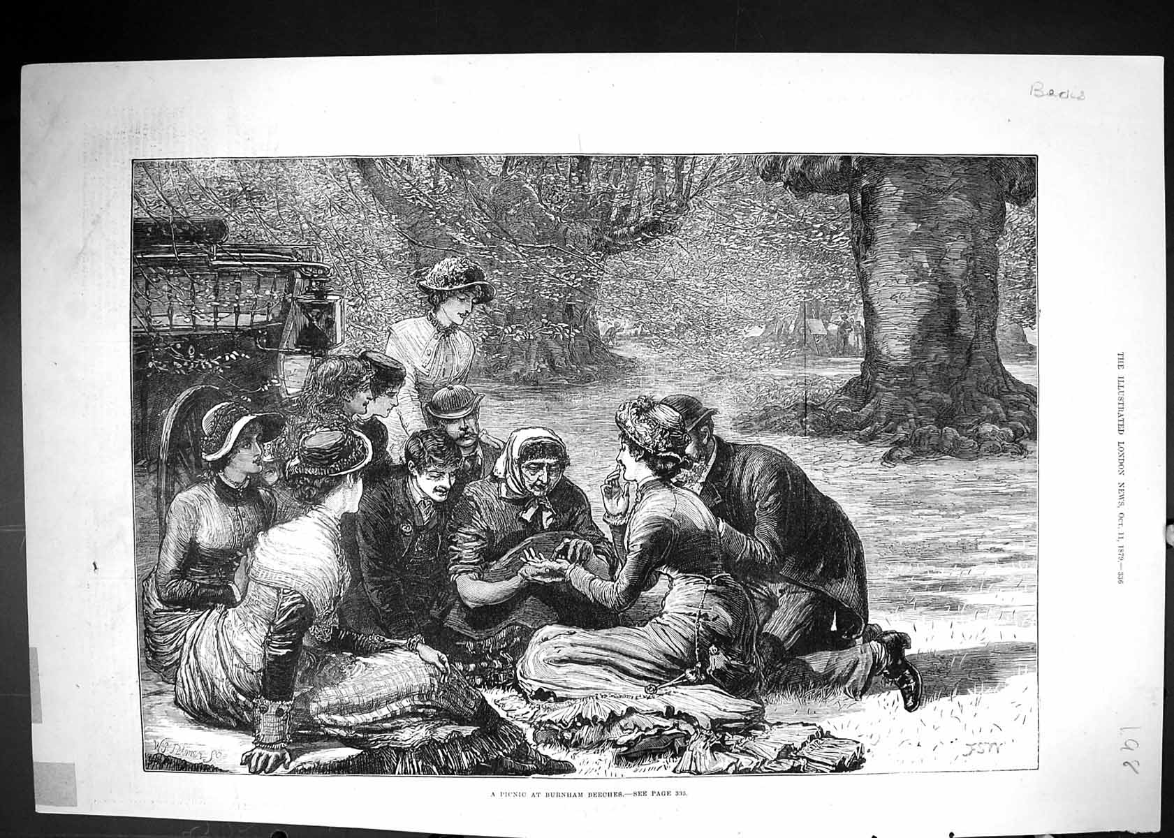 Antique Print 1879 Picnic Scene Burnham Beeches Fortune Teller Palm Reader 19th