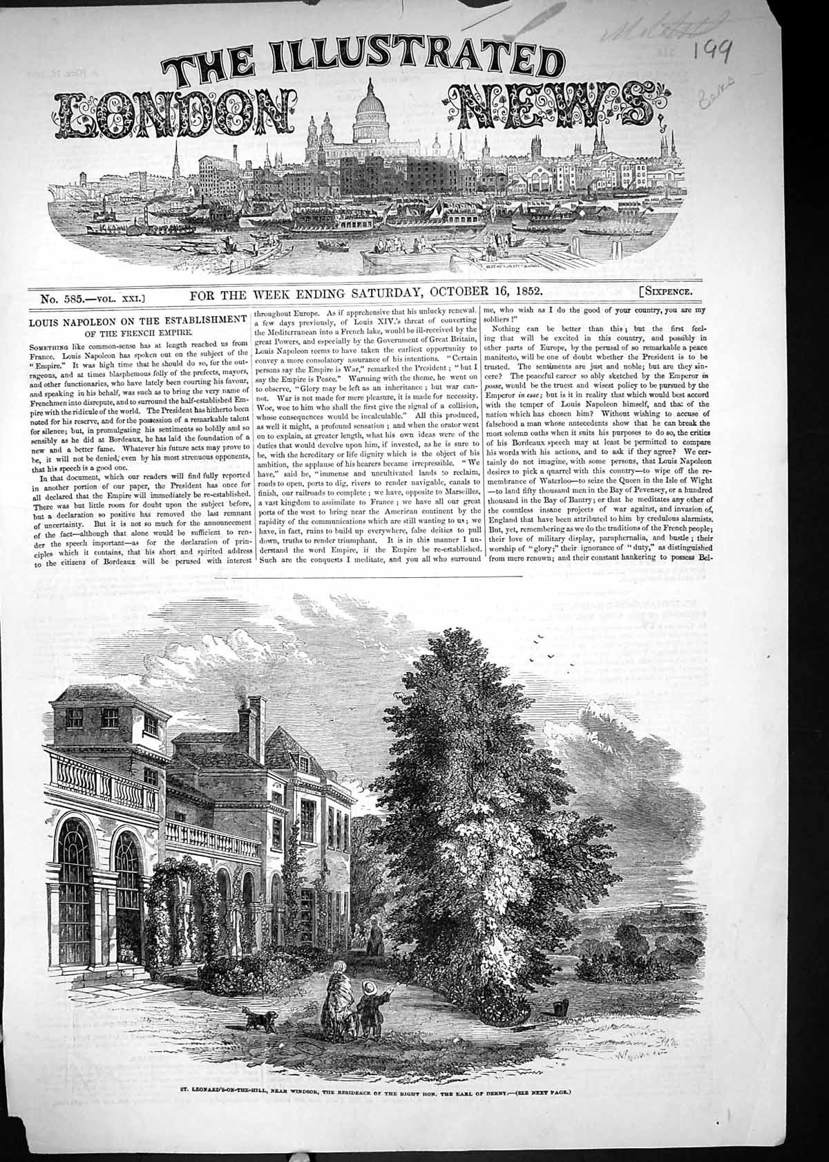 Old Antique Print 1852 St. Leoanrds-On-The-Hill Windsor London Earl Derby 19th