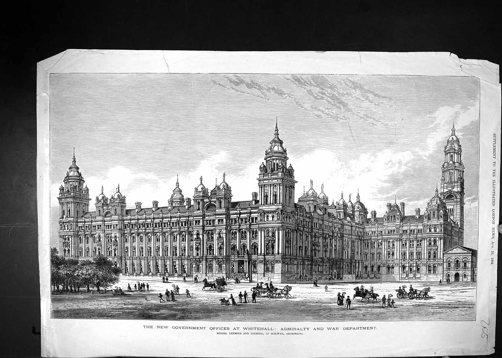 Antique Old Print 1884 Government Offices Whitehall Admiralty War Department