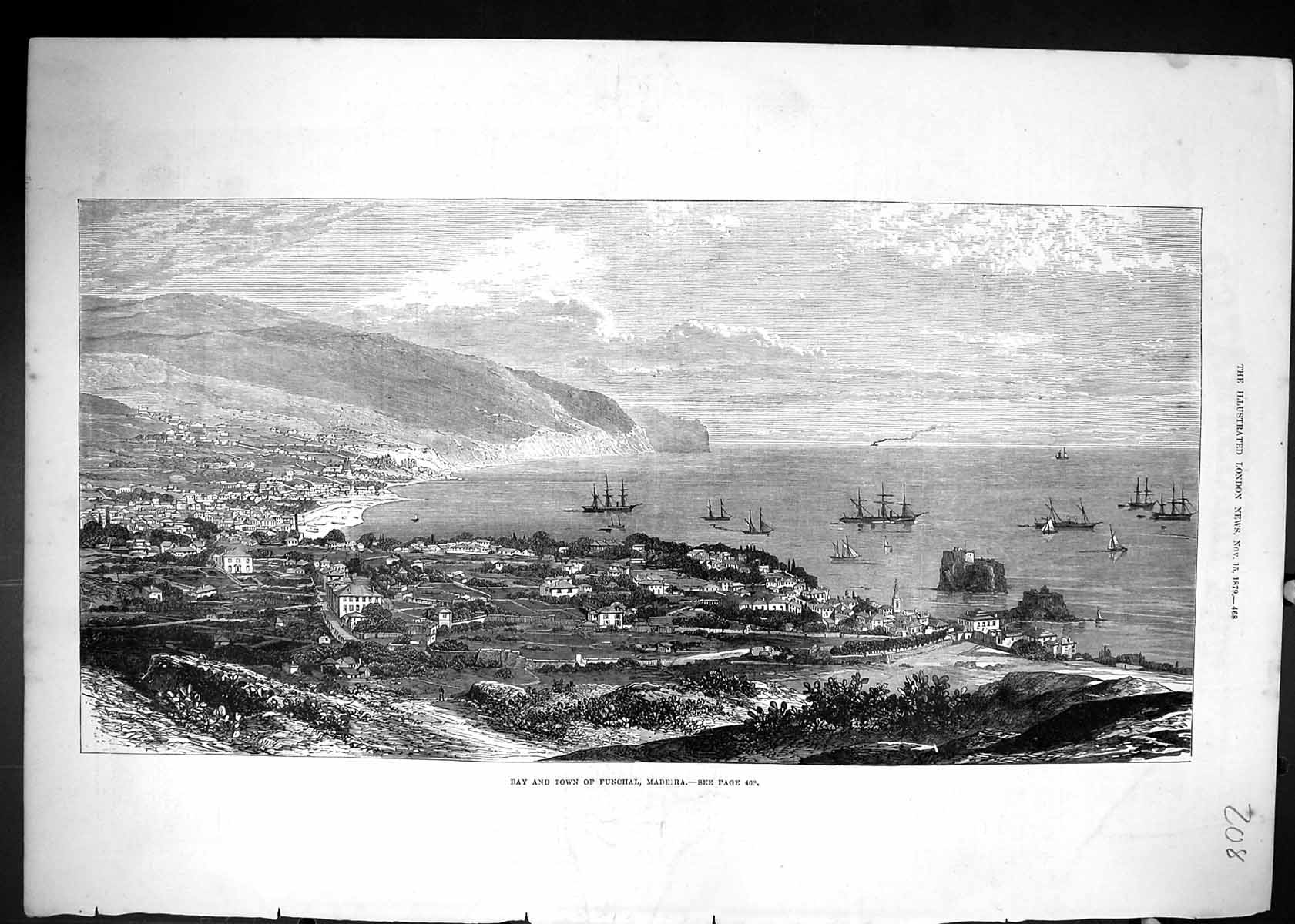 Original Old Antique Print 1879 View Bay Town Funchal Madeira Ships Victorian