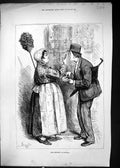 Old Print 1879 Paris Scene La Concierge Man Lady Feather Duster Umbrella 19th