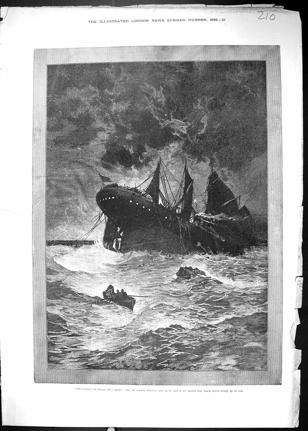Original Old Antique Print 1888 Ship Wreck Stormy Sea Rescue Life-Boat 19th