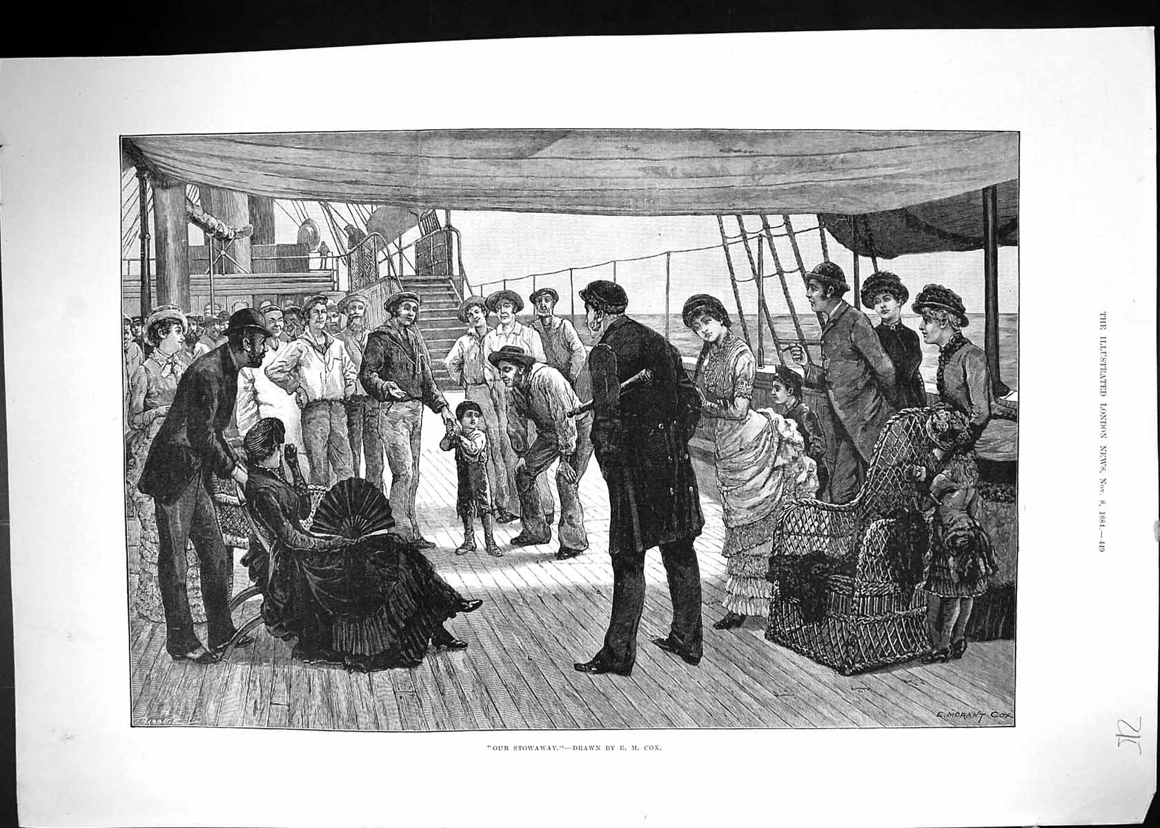 Original Old Antique Print 1884 Ship Deck Scene Stowaway Young Child Passengers