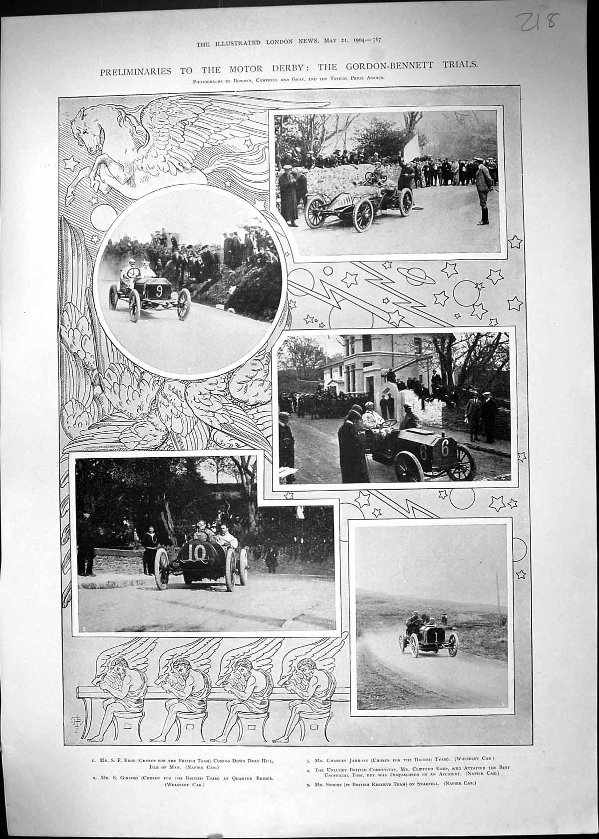 Antique Print 1904 Motor Derby Gordon-Bennett Cars Edge Jarrott Earp Stocks