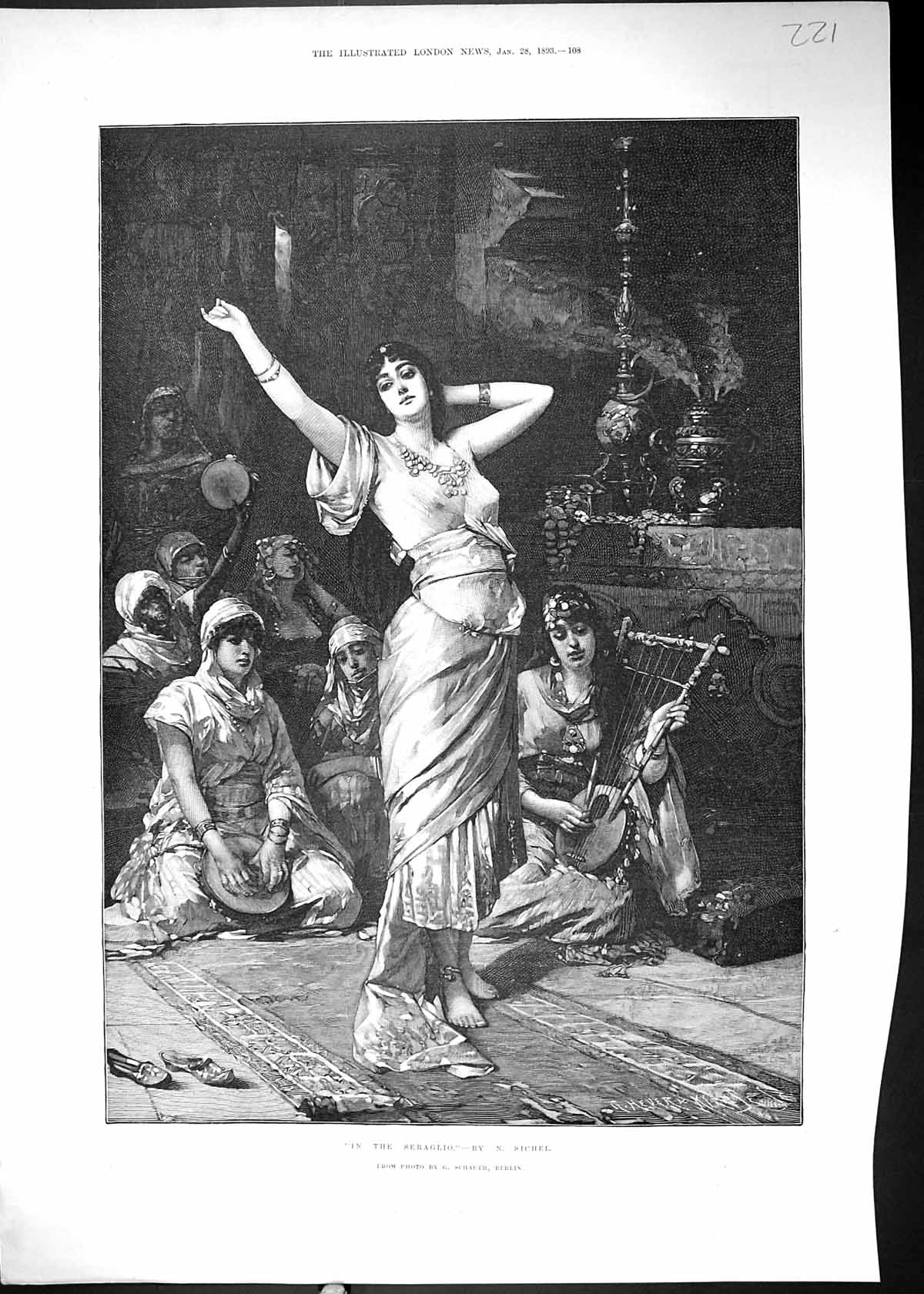 Original Old Antique Print 1893 Beautiful Women Music Seraglio Entertainment