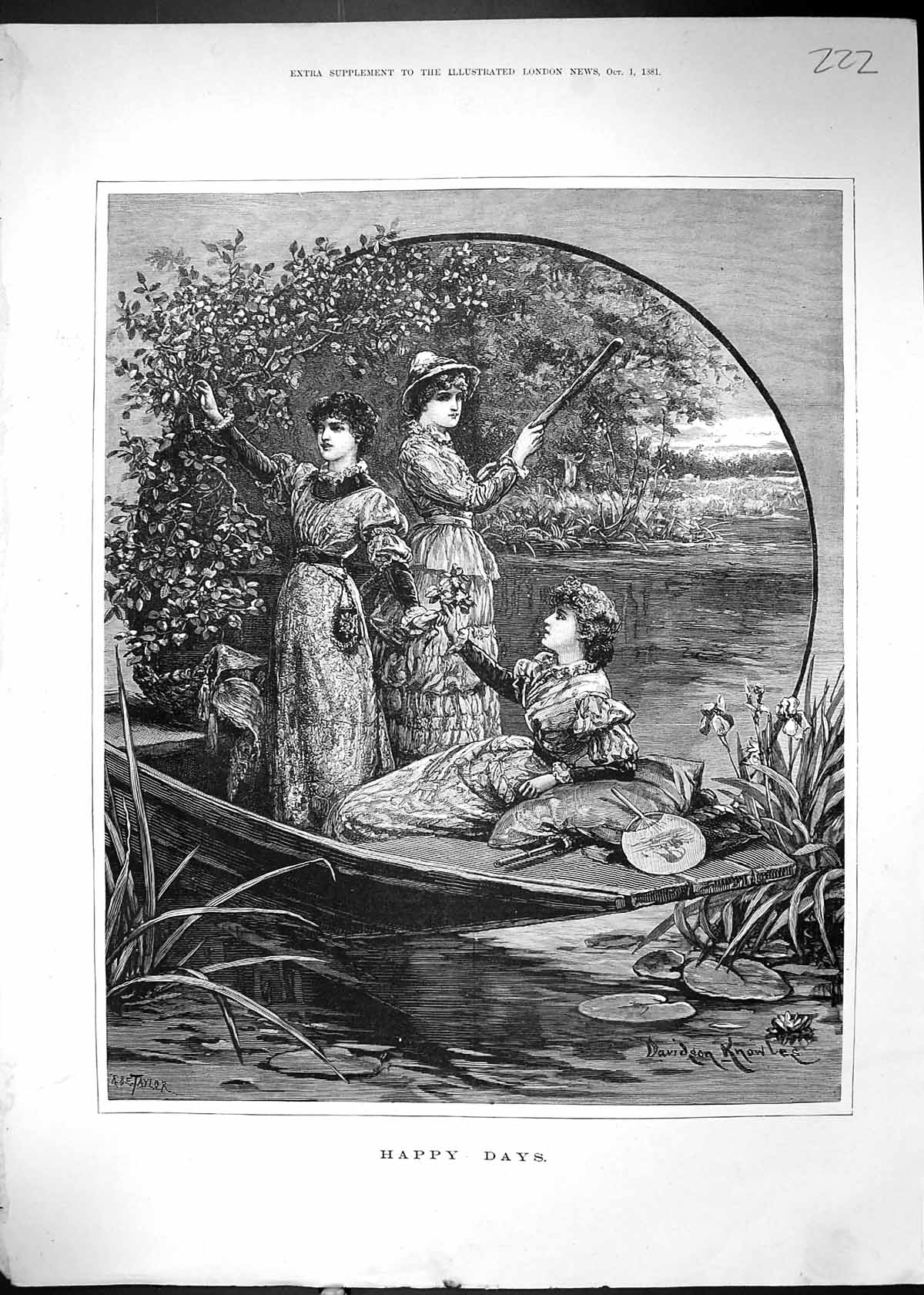 Antique Old Print 1881 Happy Days Beautiful Women River Boat Davidson Knowles
