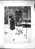 Antique Old Print 1884 Christmas Morning Lady Feeding Birds Early Breakfast