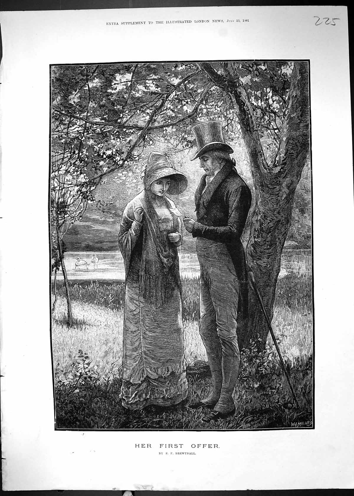 Old Antique Print 1881 Beautiful Woman Man Romance First Offer Brewtnall 19th