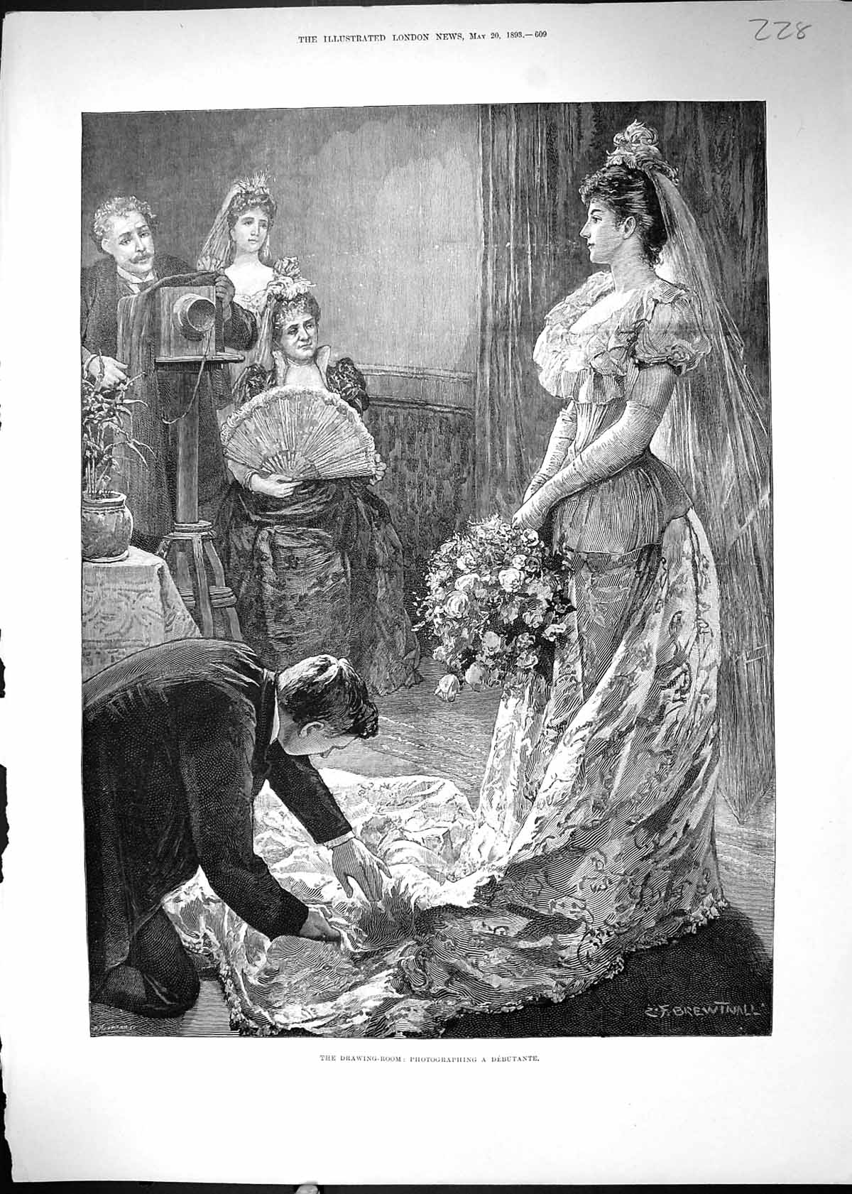 Original Old Antique Print 1893 Drawing Room Beautiful Woman Dress Photographer