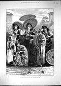 Original Old Antique Print 1882 Aesthetic Quadrille Party Women Flowers Parasol