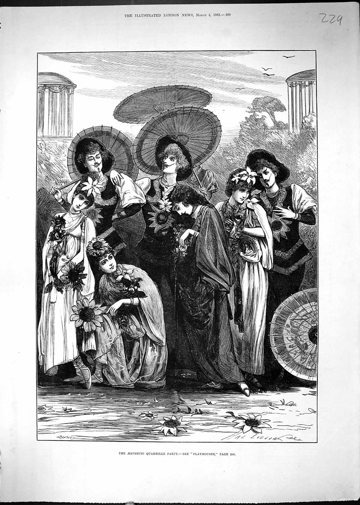 Original Old Antique Print 1882 Aesthetic Quadrille Party Women Flowers Parasol
