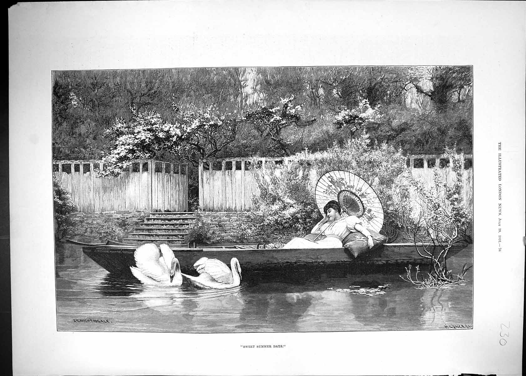 Antique Print 1891 Sweet Summer Days Beautiful Woman River Boat Swan Birds 19th