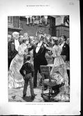 Original Old Antique Print Christmas Scene Crowning Hero Mistletoe Crown 1881