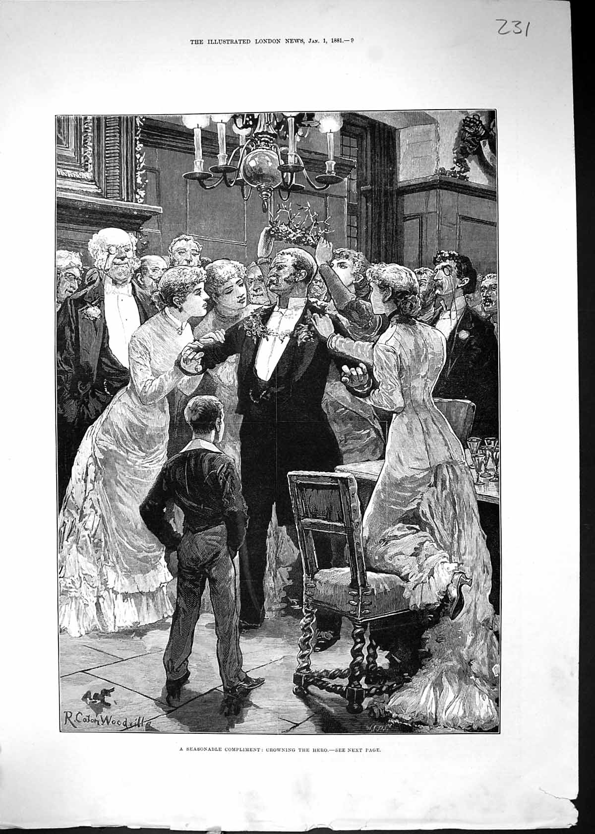 Original Old Antique Print Christmas Scene Crowning Hero Mistletoe Crown 1881