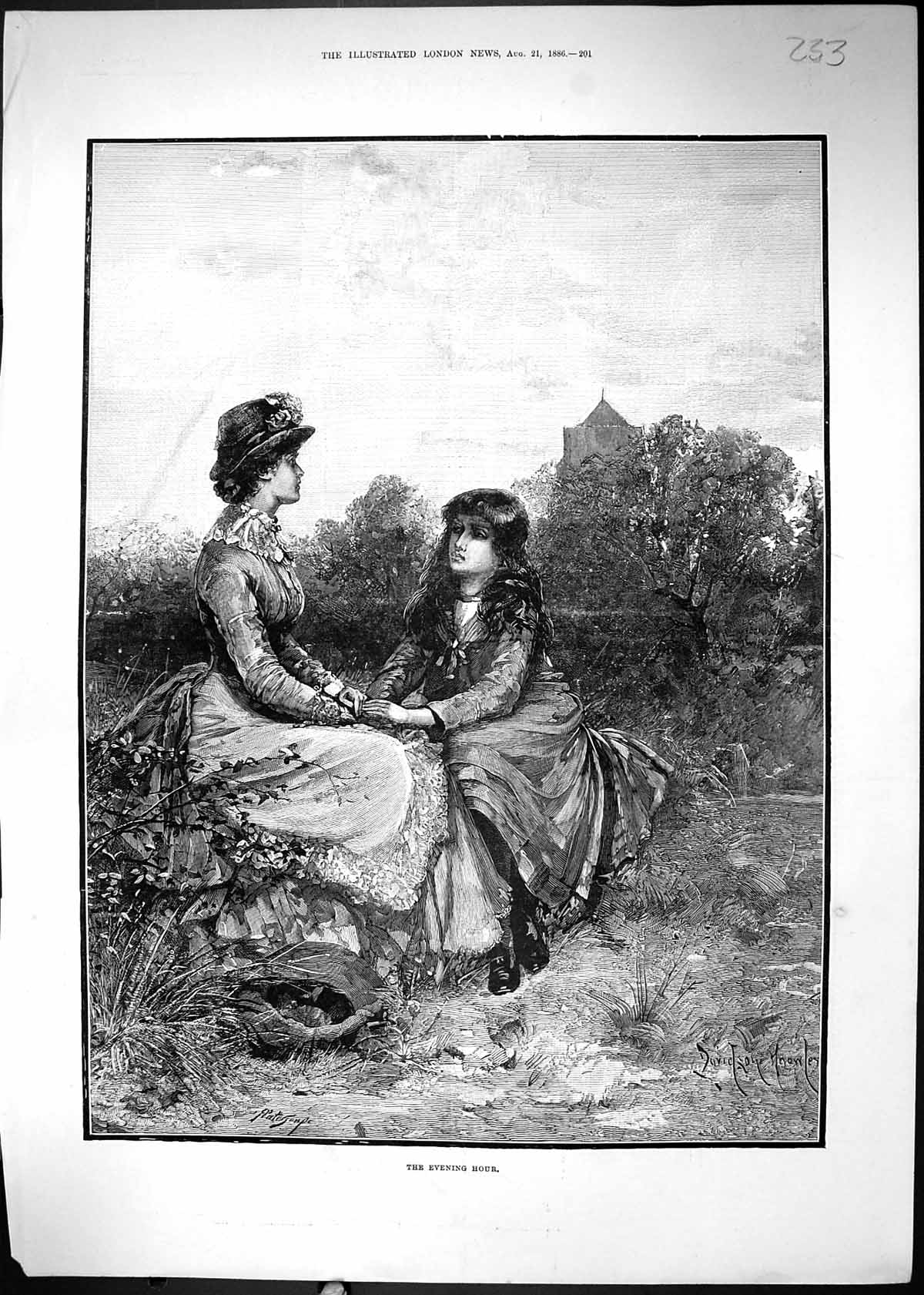 Old Antique Print 1886 Evening Hour Woman Young Girl Church Scene Knowles 19th