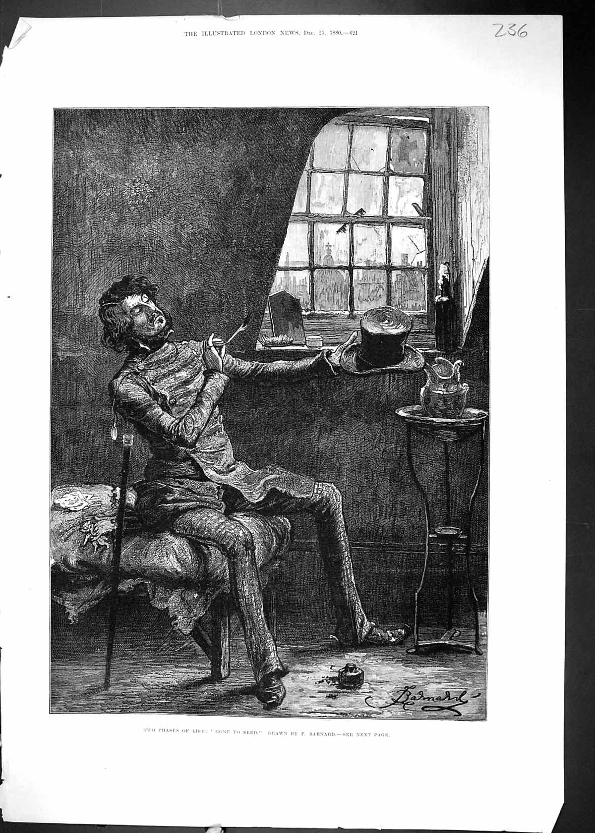 Antique Old Print 1880 Two Phases Life Gone To Seed Poor Man Bedroom Scene 19th