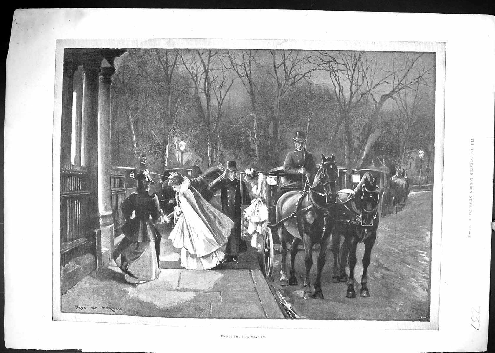 Original Old Antique Print New Year Celebrations Horses Coach Transport 1897