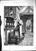 Antique Old Print 1881 Morning St. Valentine Man House Window Woman Romance