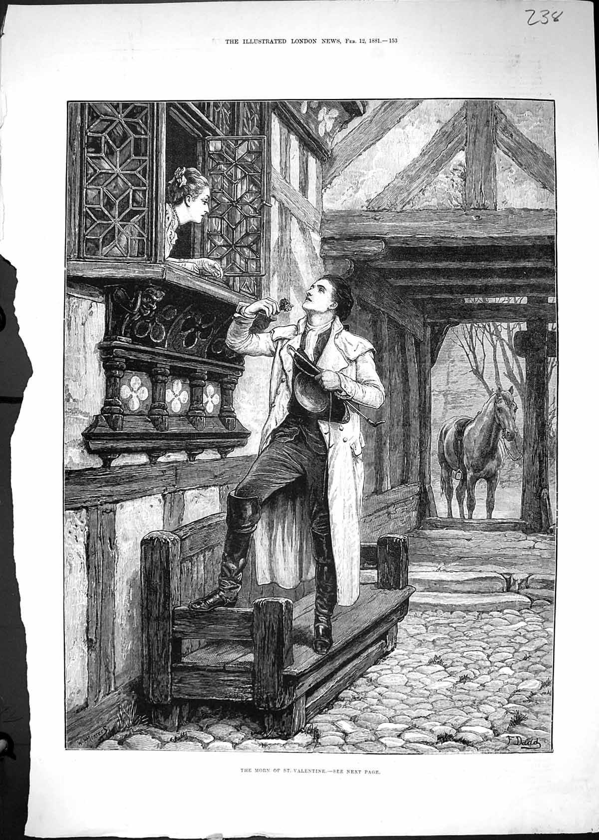 Antique Old Print 1881 Morning St. Valentine Man House Window Woman Romance