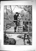 Antique Old Print 1882 Spring Time Man Woman Romance River Foot Bridge Dadd