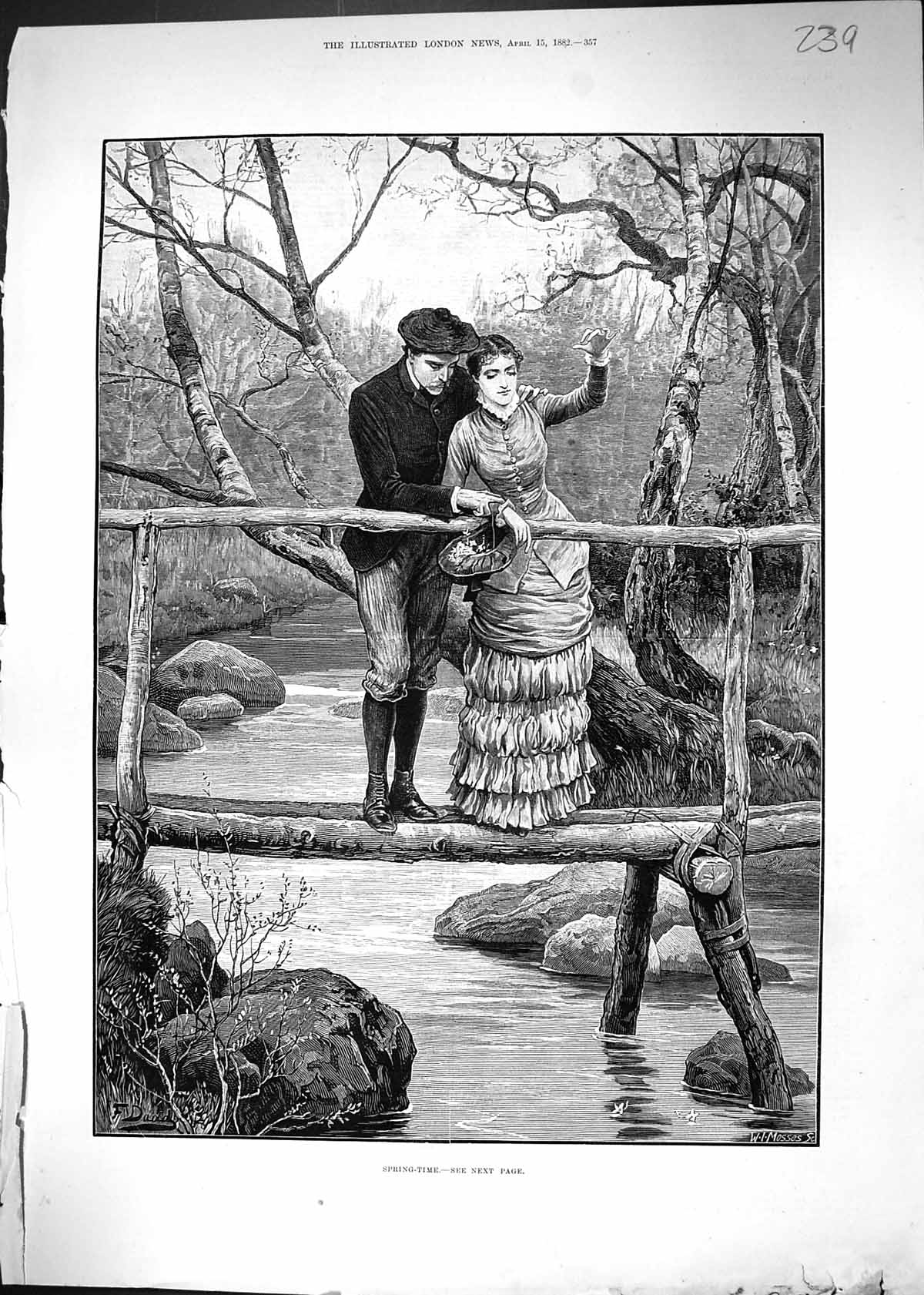 Antique Old Print 1882 Spring Time Man Woman Romance River Foot Bridge Dadd