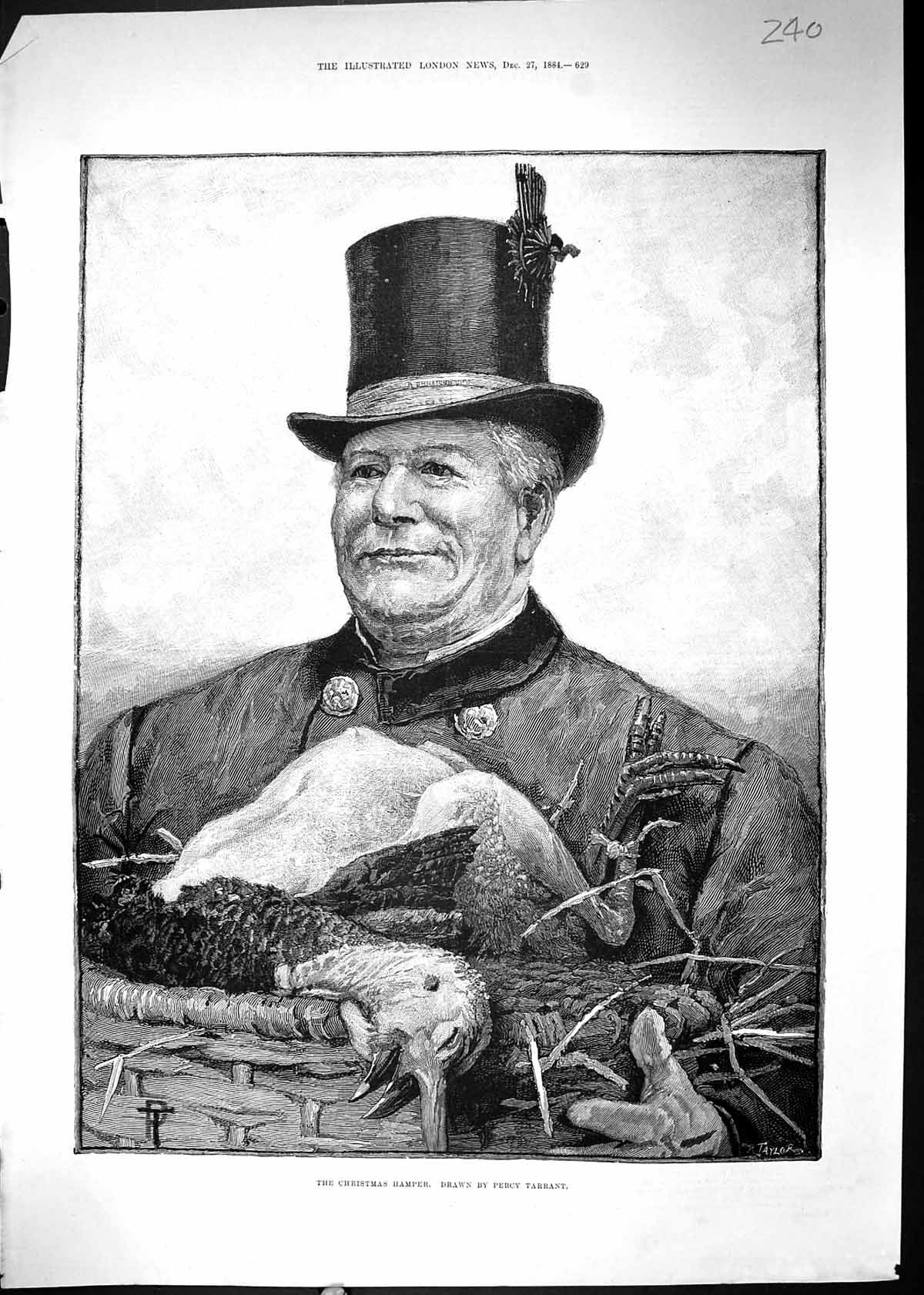Original Old Antique Print 1884 Christmas Hamper Man Goose Percy Tarrant 19th