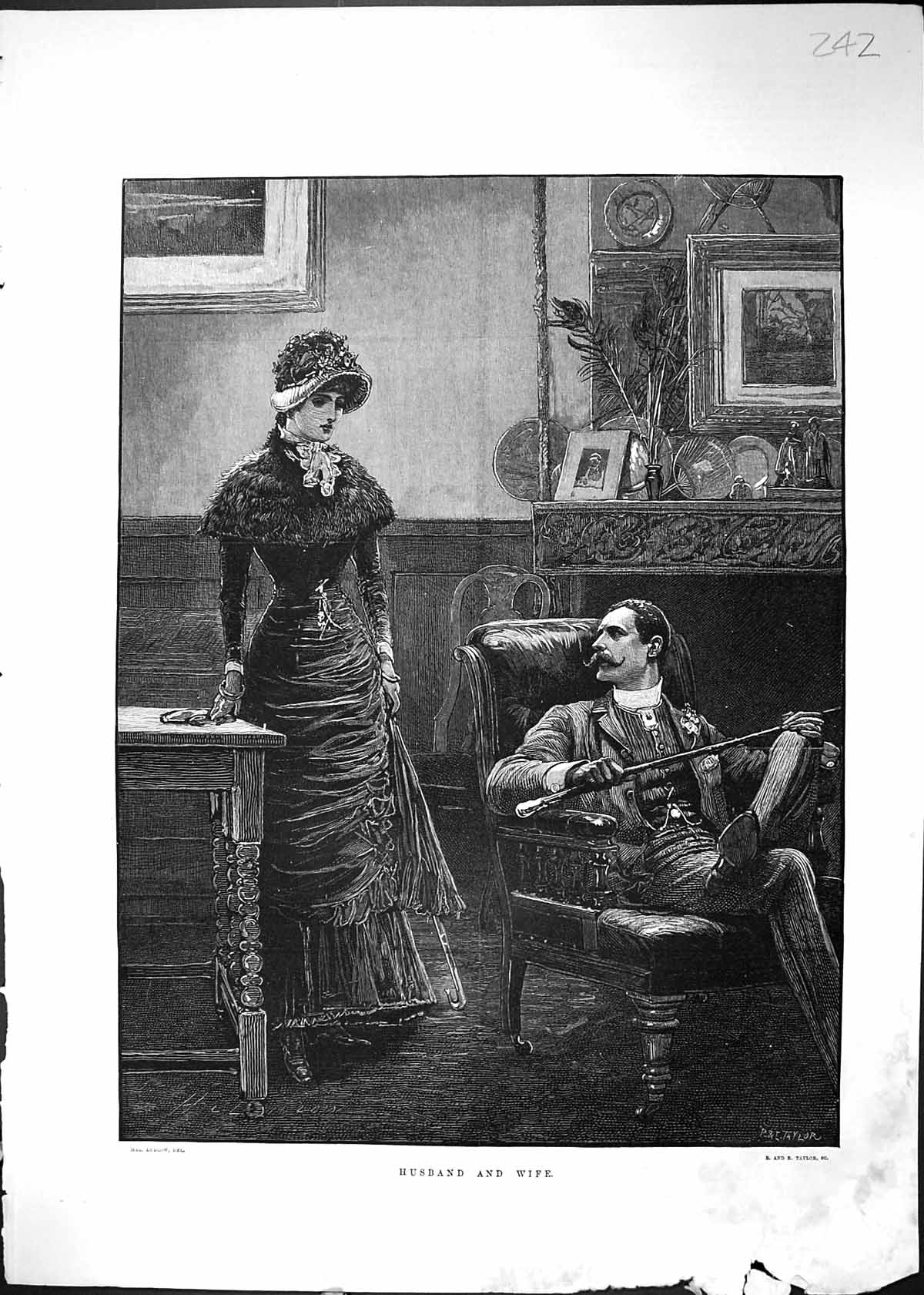 Original Old Antique Print 1882 Husband Wife Romance Man Woman House Scene 19th