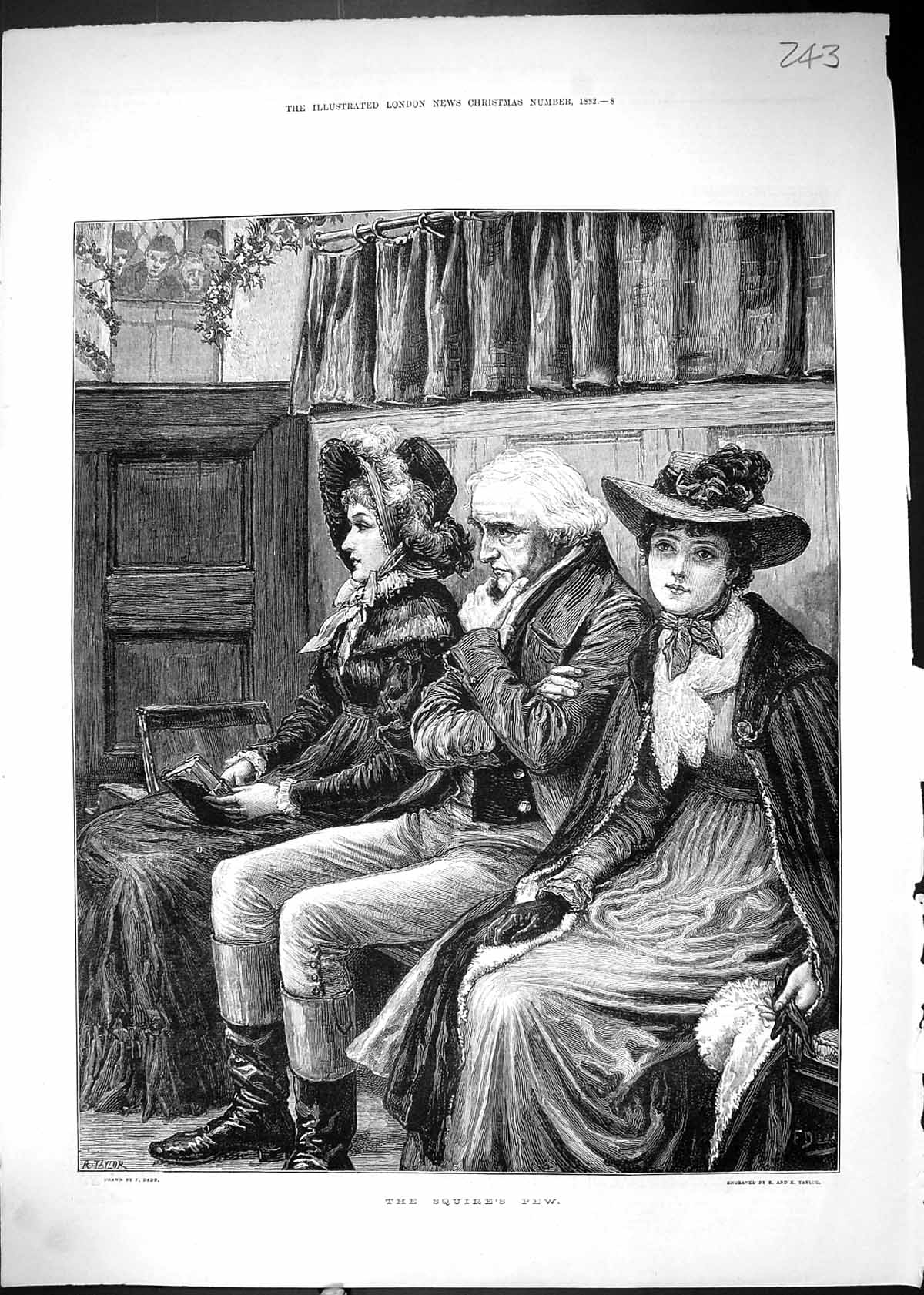 Antique Old Print 1882 Squire'S Pew Man Woman Interior Church Scene Religion