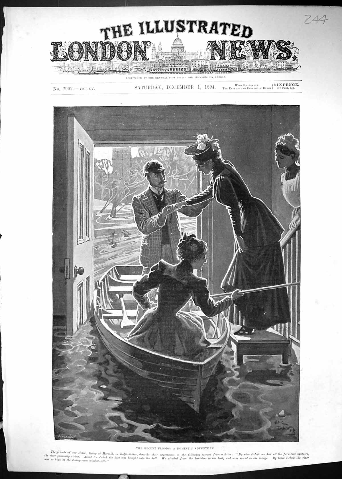 Old Print 1894 Scene Recent Floods Man Rescuing Women House Boat Bedford 19th