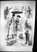 Antique Old Print Wet Afternoon Stormy Weather Street Scene Umbrellas 1882 19th