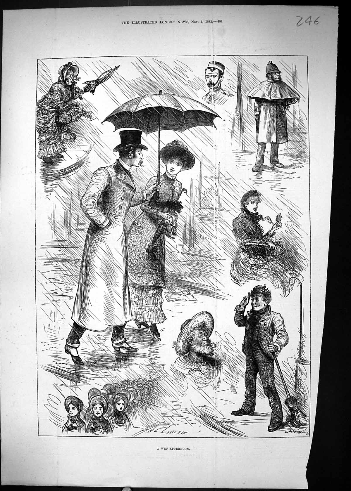 Antique Old Print Wet Afternoon Stormy Weather Street Scene Umbrellas 1882 19th